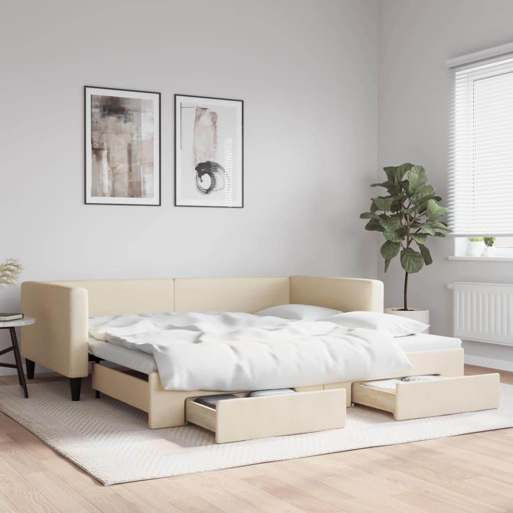 daybed med udtræk og skuffer 100x200 cm stof cremefarvet