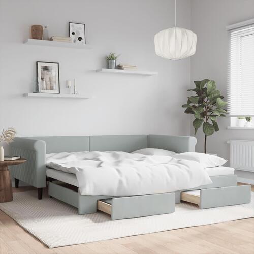 Daybed med udtræk og skuffer 100x200 cm velour lysegrå