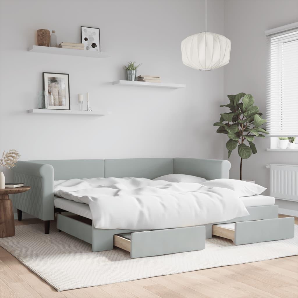 Daybed med udtræk og skuffer 100x200 cm velour lysegrå