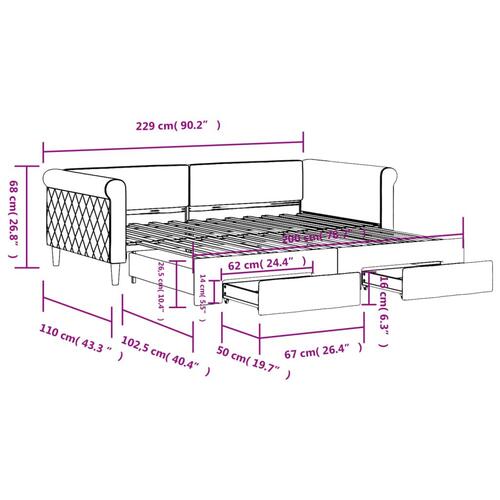 Daybed med udtræk og skuffer 100x200 cm velour lysegrå