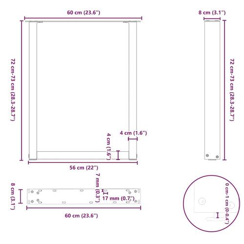 Spisebordsben U-formet 2 stk. naturstål 60x(72-73) cm stål