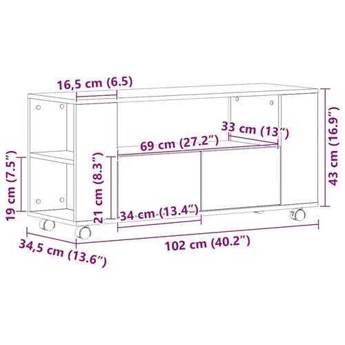 Tv-bord med hjul 102x34,5x43 cm konstrueret træ sort egetræ
