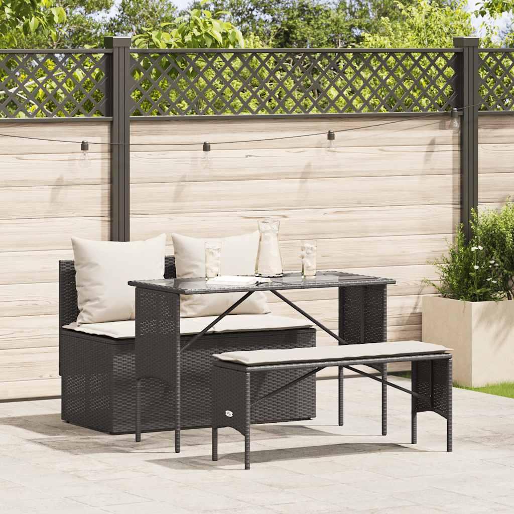 Spisebordssæt Til Haven 3 Dele Med Hynder Polyrattan - Sort og cremefarvet / tempered glass