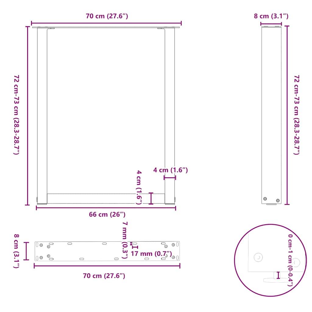 Spisebordsben U-formet 2 stk. naturstål 70x(72-73) cm stål