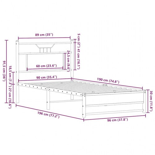 Sengeramme 90 x 190 cm med sengegavl - brunt egetræ