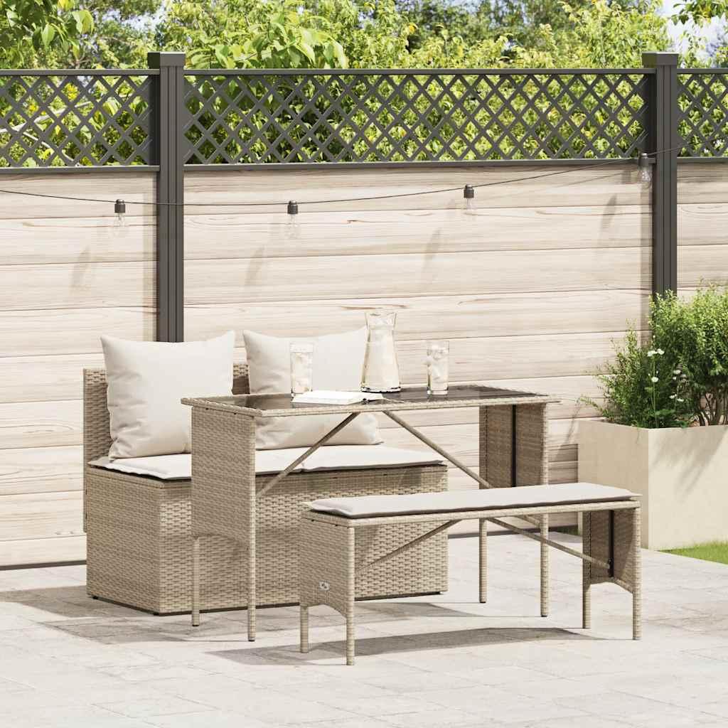 Spisebordssæt Til Haven 3 Dele Med Hynder Polyrattan - beige og cremehvid / tempered glass
