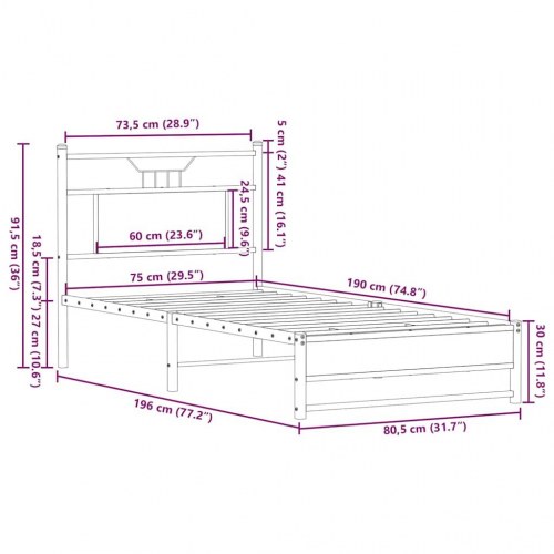 Sengeramme 75 x 190 cm med sengegavl - brunt egetræ