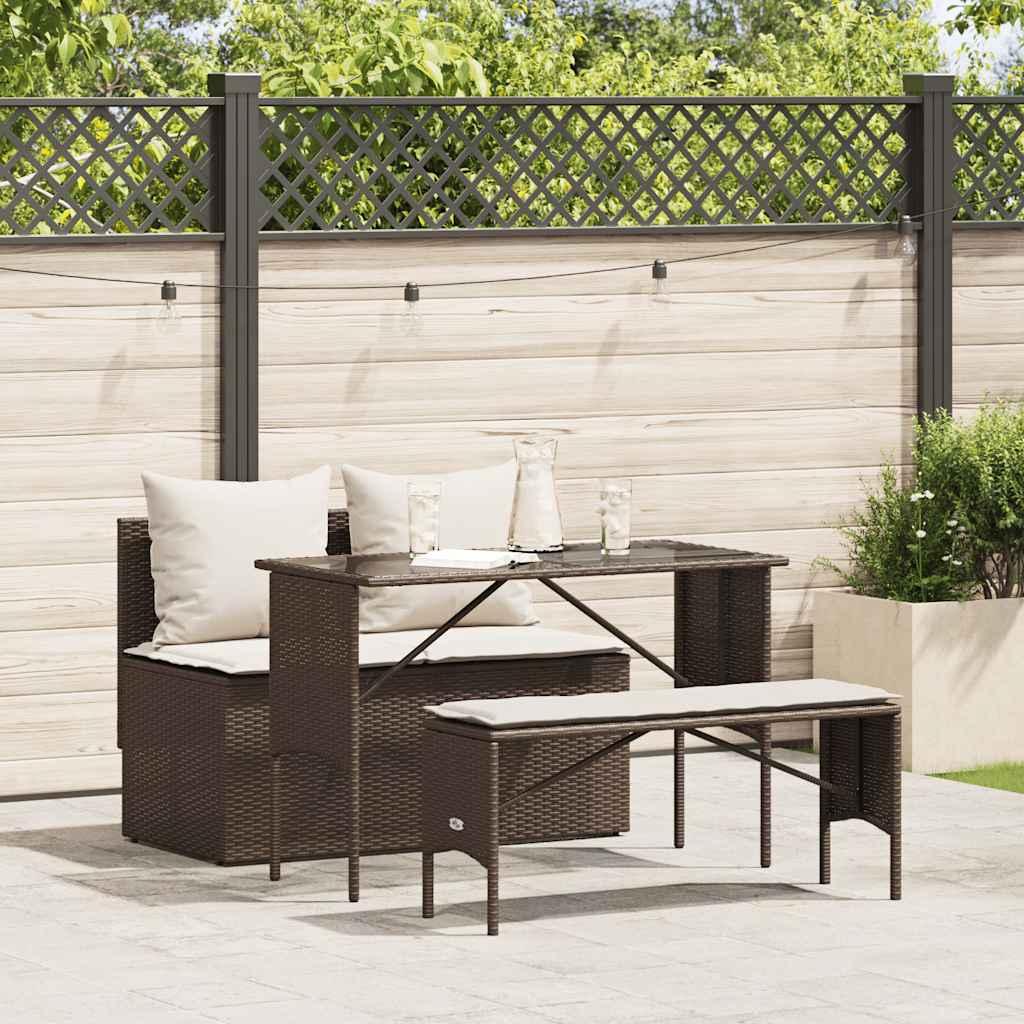 Spisebordssæt Til Haven 3 Dele Med Hynder Polyrattan - Brun og cremehvid / tempered glass