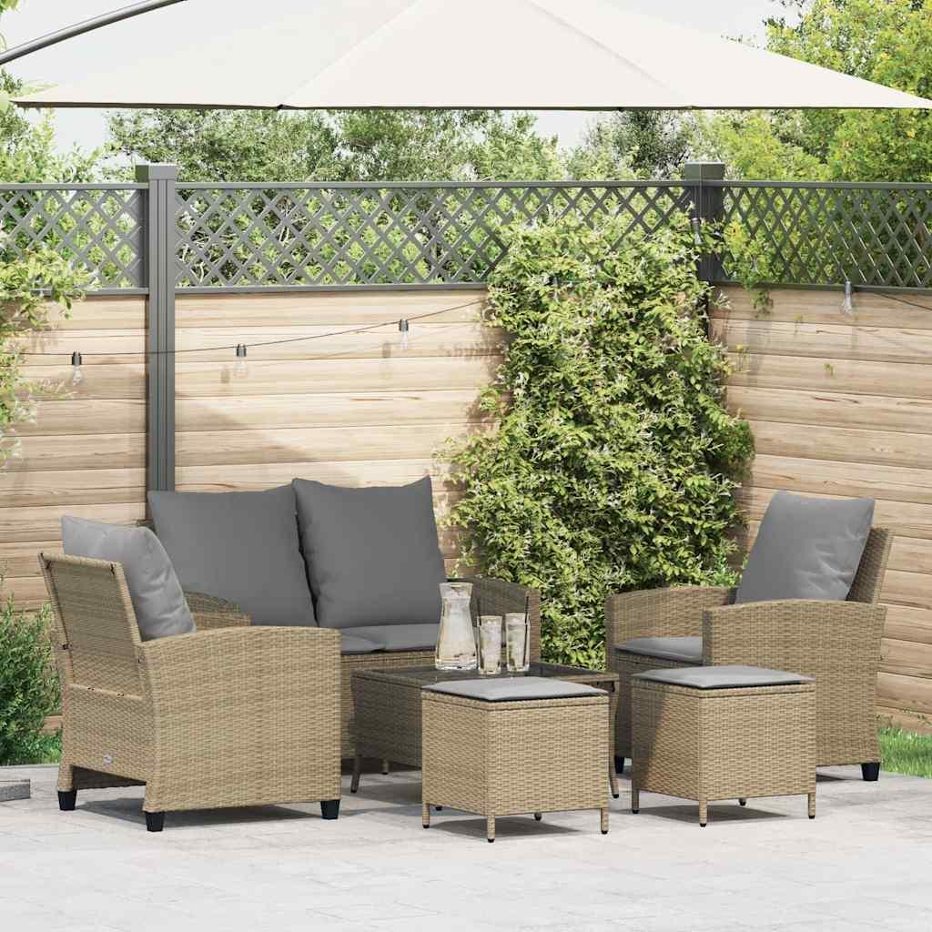 Sofasæt Til Haven 6 Dele Med Hynder Polyrattan Sort - beige og grå / Glas