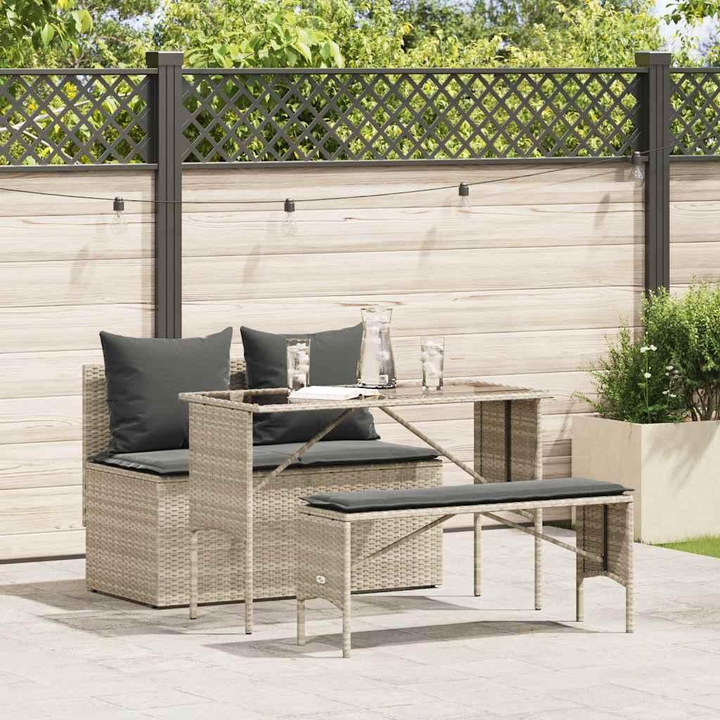 Spisebordssæt Til Haven 3 Dele Med Hynder Polyrattan - Lysegrå / tempered glass