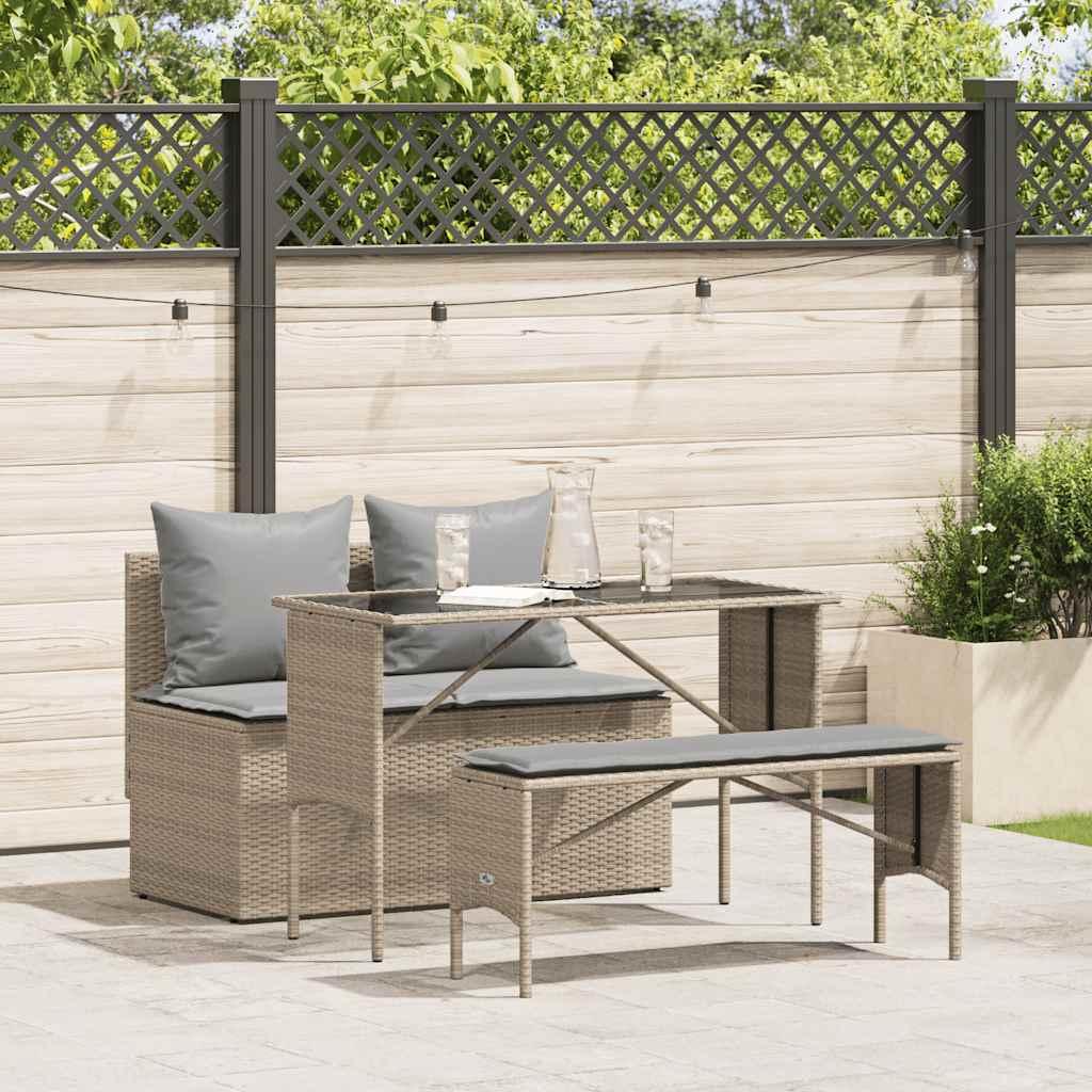 Spisebordssæt Til Haven 3 Dele Med Hynder Polyrattan - beige og lysegrå / tempered glass