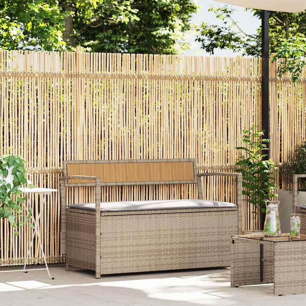 Opbevaringsbænk til haven med hynde polyrattan beige