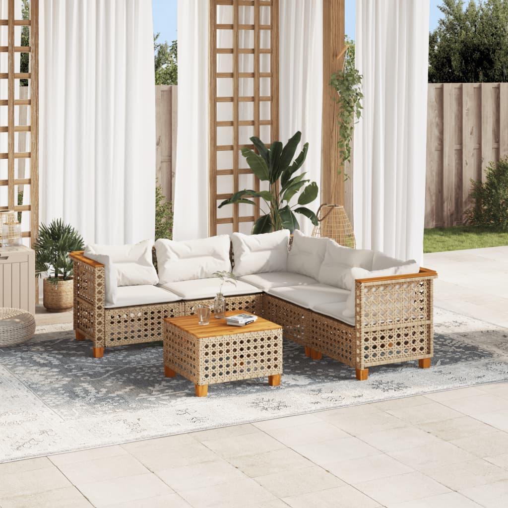 Sofasæt Til Haven 6 Dele Med Hynder Polyrattan Beige - hulvævning / Med bord