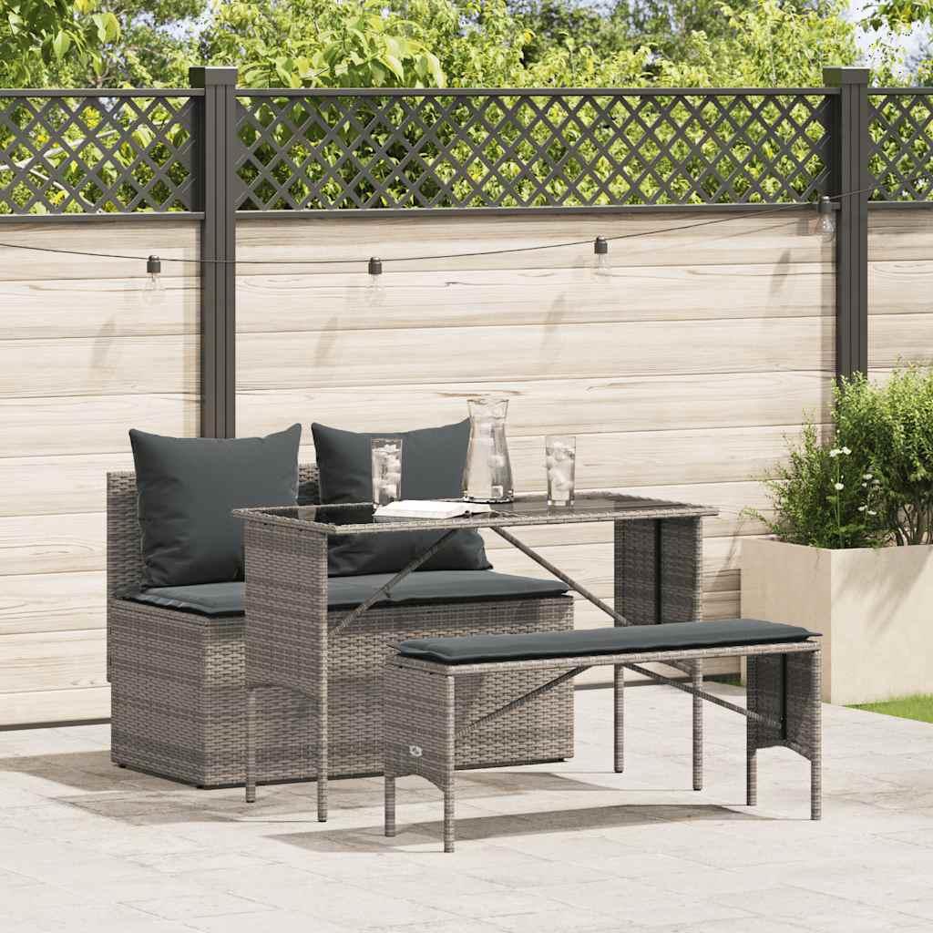 Spisebordssæt Til Haven 3 Dele Med Hynder Polyrattan - Grå / tempered glass