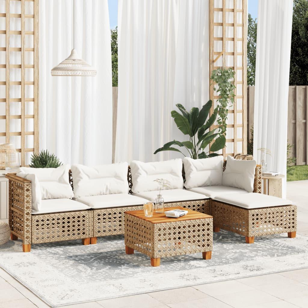 Sofasæt Til Haven 5 Dele Med Hynder Polyrattan Beige - hulvævning / Med bord