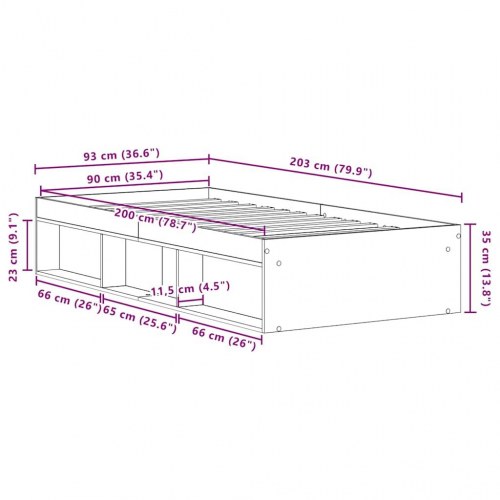 Sengeramme 90×200 cm med opbevaring - konstrueret træ i sort eg