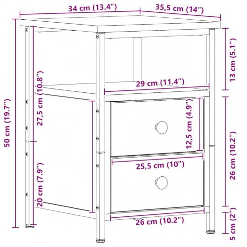 Sengebord med 2 skuffer - 34 × 35,5 × 50 cm, sort egetræslook