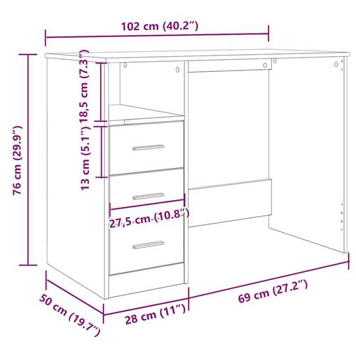 Skrivebord m. skuffer 102x50x76 cm konstrueret træ sort egetræ