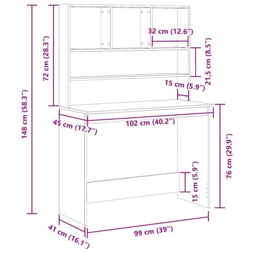 Skrivebord m. hylder 102x45x148 cm konstrueret træ sort egetræ