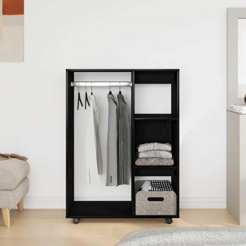 Åben garderobe med hylder og hjul - sort egetræ, 80×40×110 cm, konstrueret træ