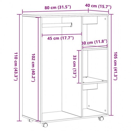 Åben garderobe med hylder og hjul - sort egetræ, 80×40×110 cm, konstrueret træ