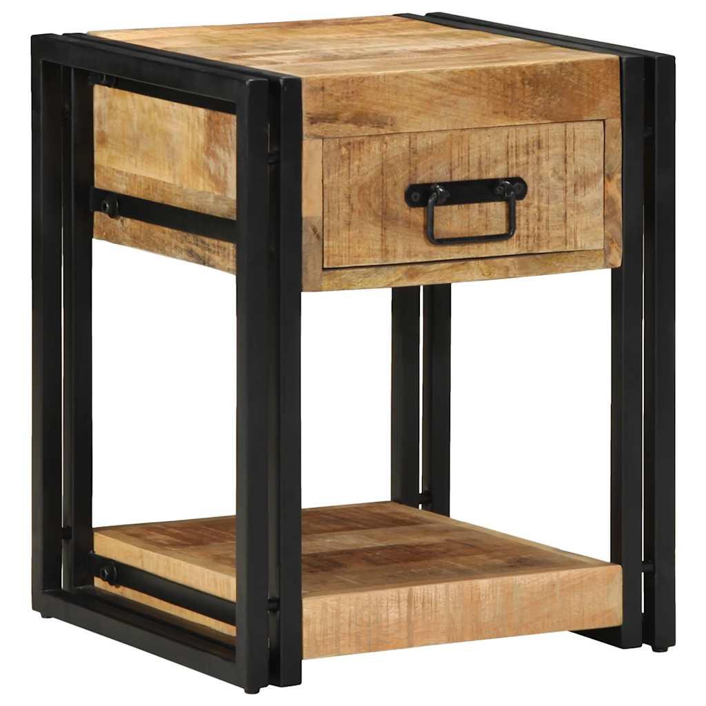 Sengebord 40×40×50 cm i massivt ru mangotræ med skuffe og hylde