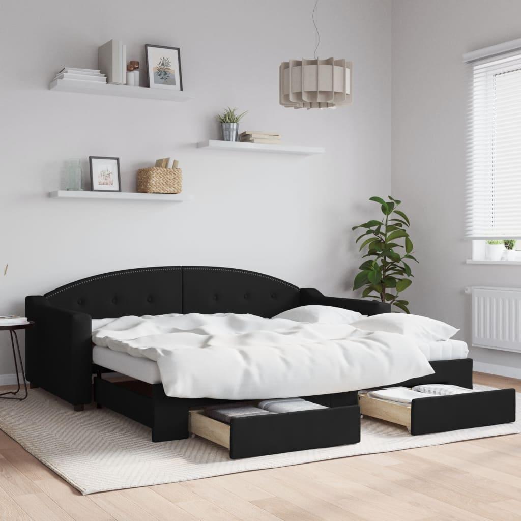 Daybed Stof Sort - med udtræk og skuffe og madras / 90 x 190 cm