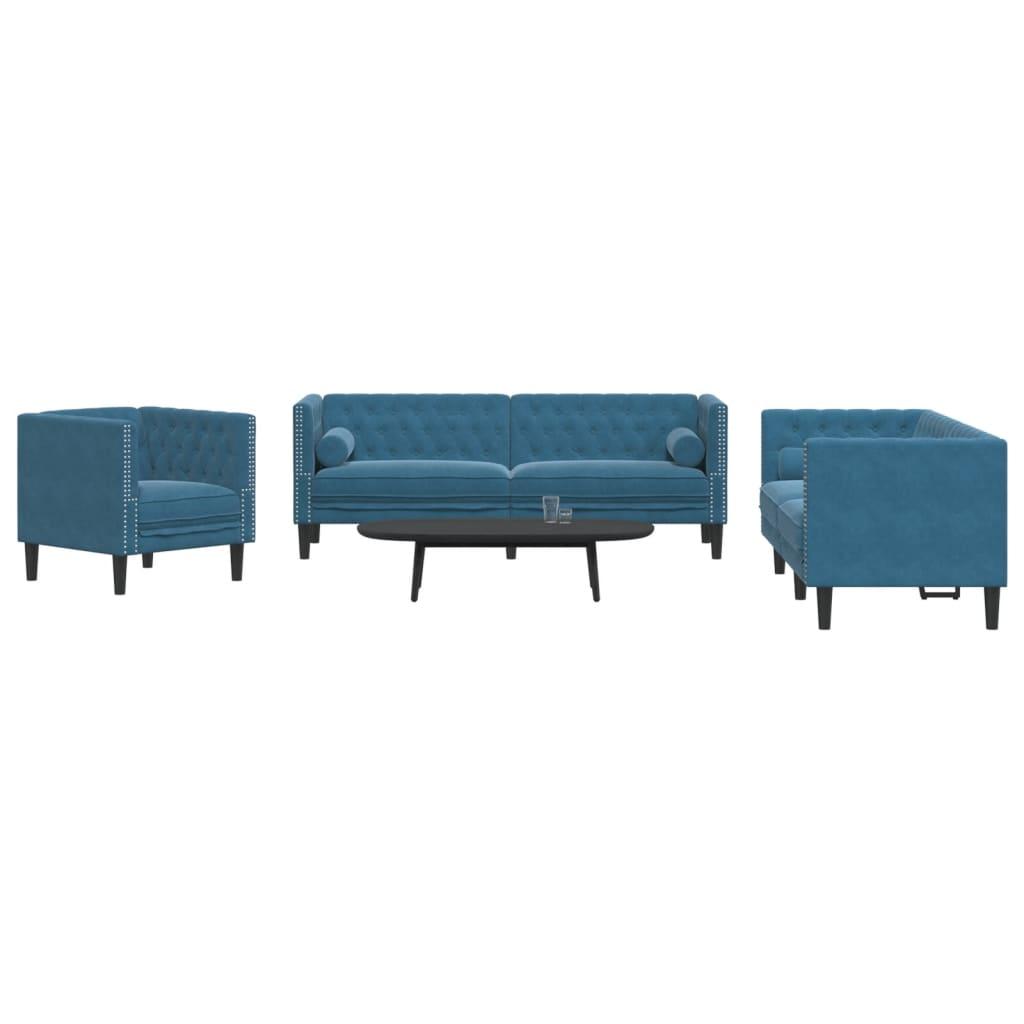 2-Personers Chesterfield-Sofasæt Med Puder Fløjl - Blå / Lænestol 2-personers sofa 3-personers sofa