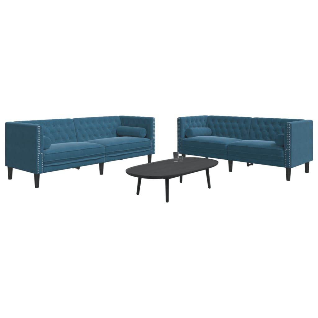 2-personers Chesterfield-sofasæt med puder fløjl blå