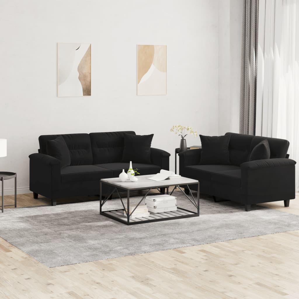 Sofasæt 2 Dele Mikrofiberstof - Sort / med puder