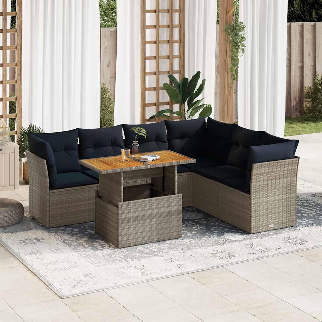 Havesofasæt i polyrattan - 7 dele med hynder, grå/marineblå