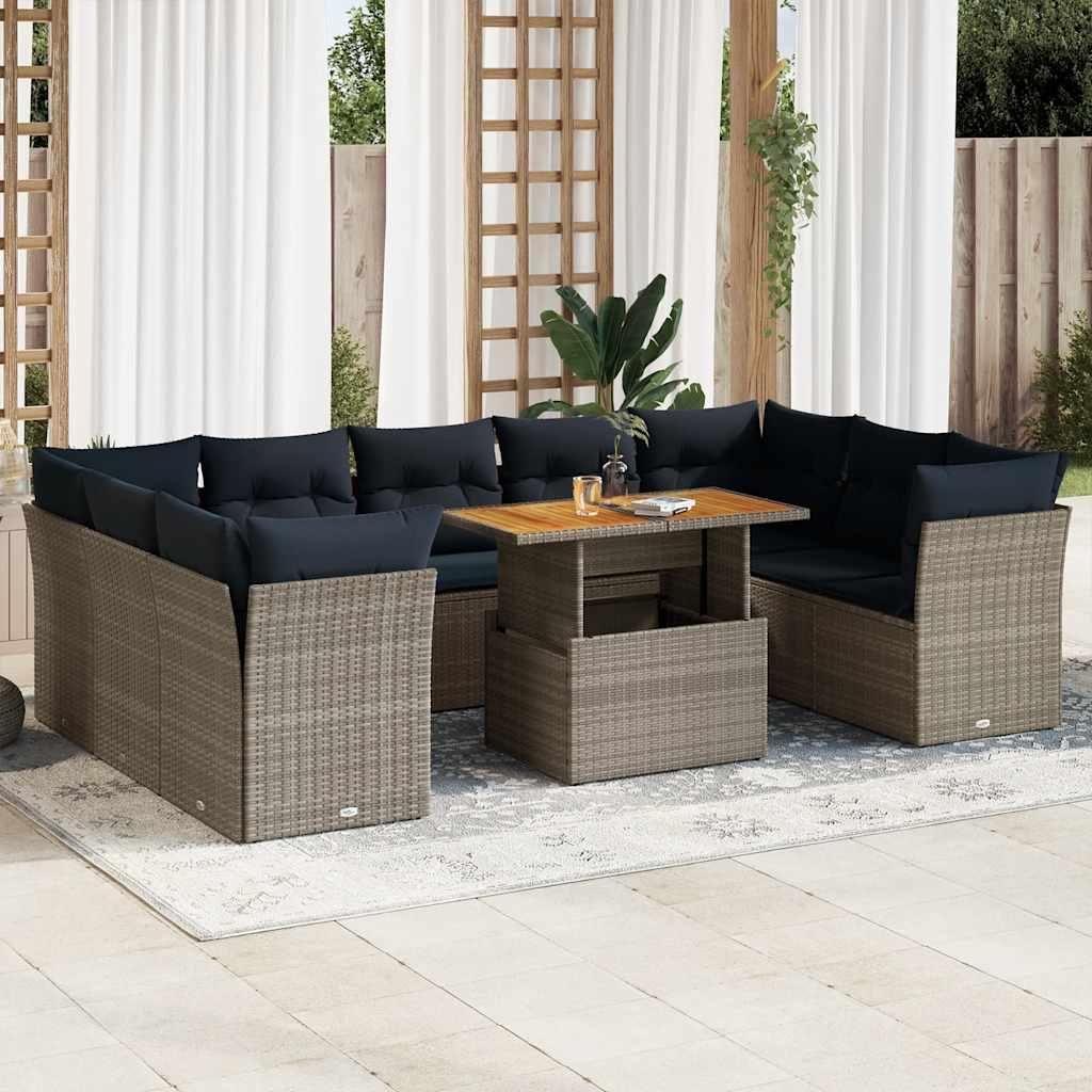 Havesofasæt i polyrattan - 10 dele med hynder, grå/marineblå