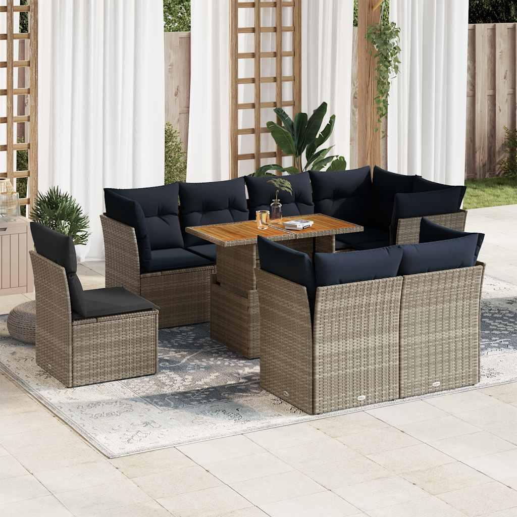 Sofasæt til haven i polyrattan - 9 dele med marineblå hynder, grå
