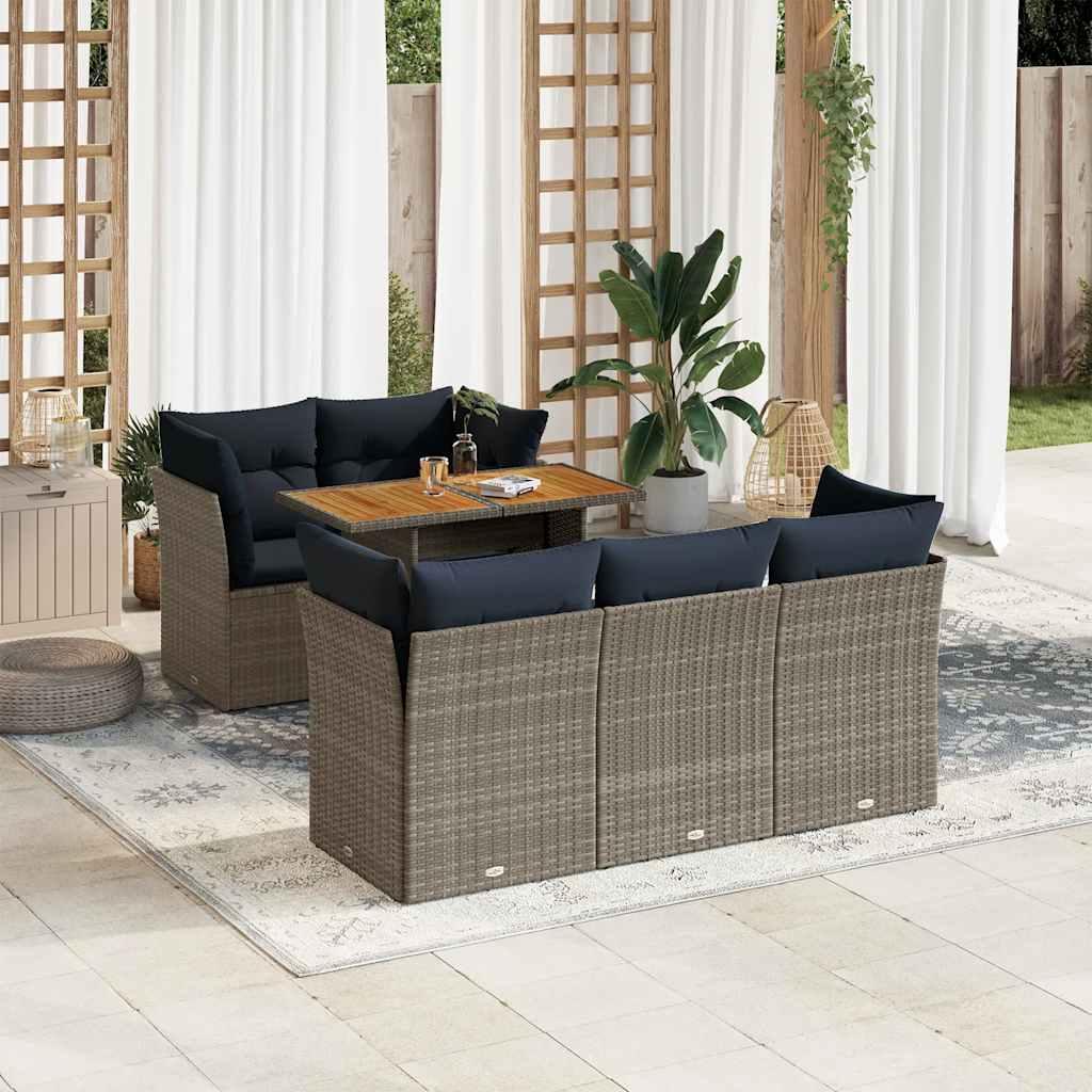 Sofasæt til haven i polyrattan - 6 dele med hynder, grå/marineblå