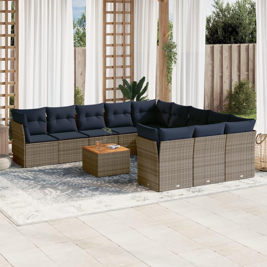 Havesofasæt i polyrattan - 12 dele med hynder, grå/marineblå