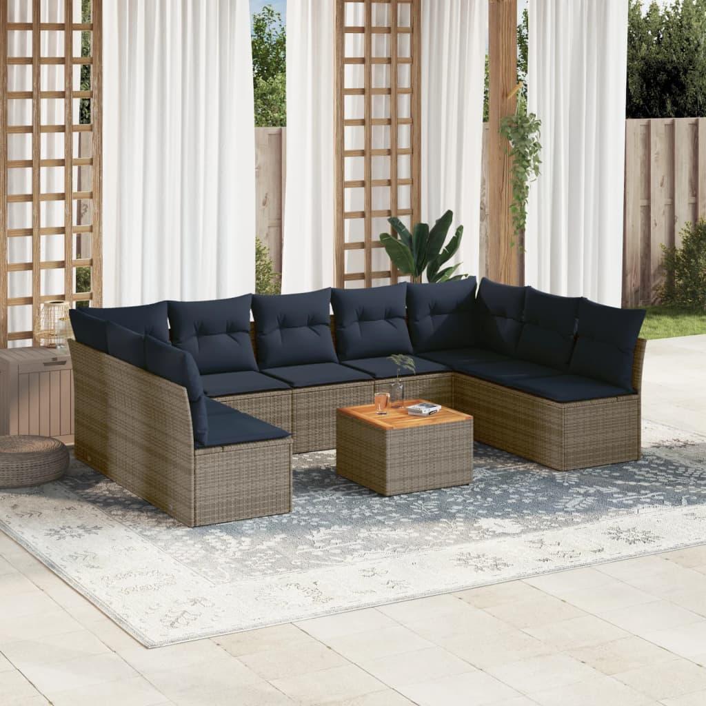 Havesofasæt i polyrattan - 10 dele med marineblå hynder, grå