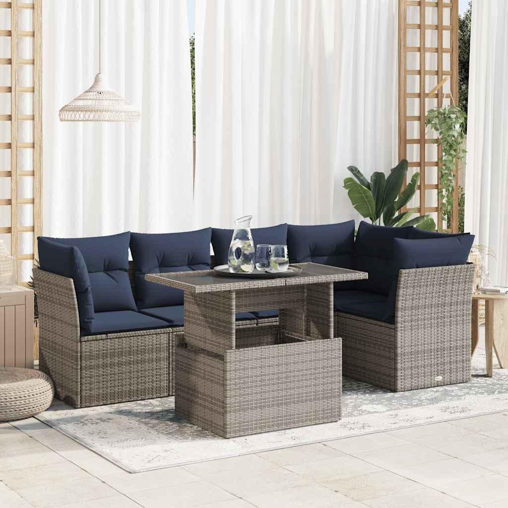 Sofasæt til haven - 6 dele med hynder og opbevaring i polyrattan, grå/marineblå