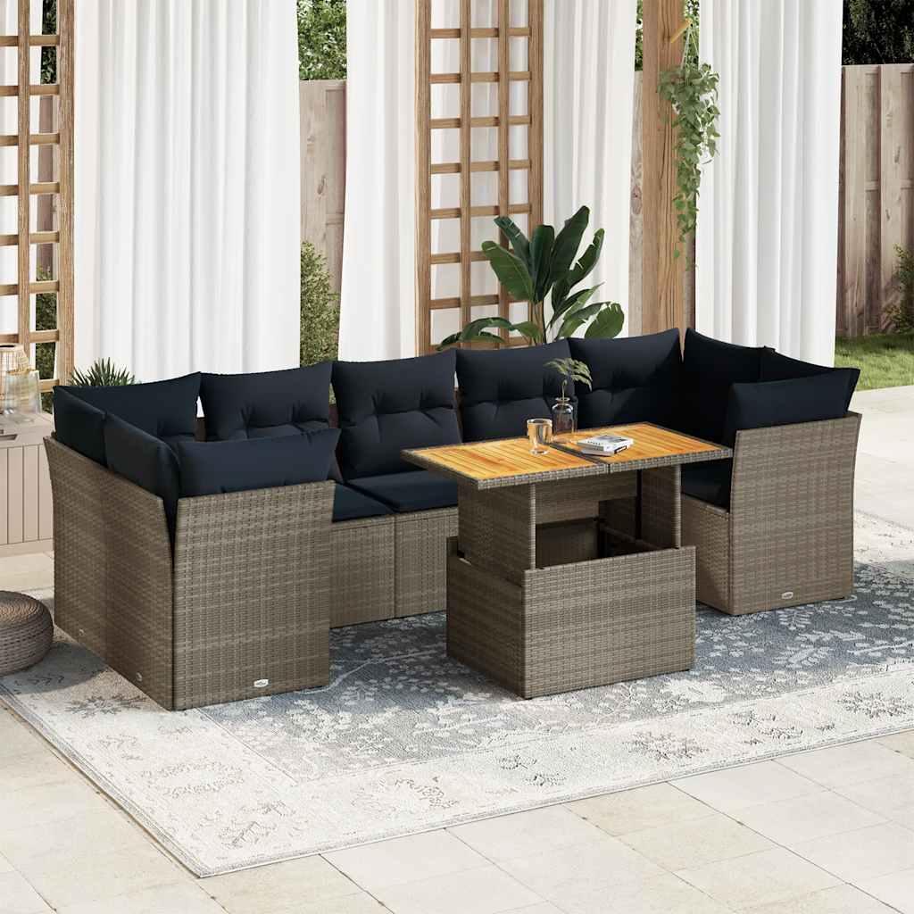 Sofasæt til haven i polyrattan - 8 dele med hynder, grå/marineblå