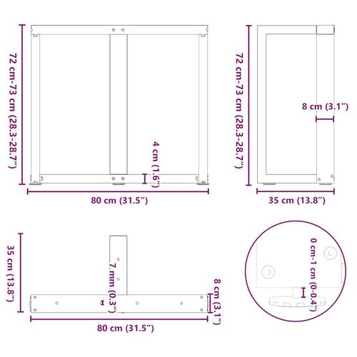 Spisebordsben T-formet 2 stk. naturstål 80x35x(72-73) cm stål