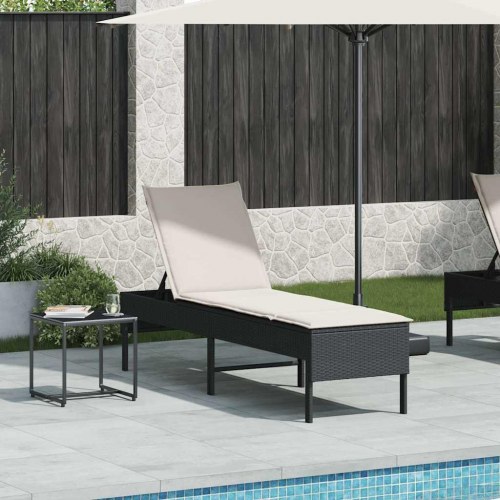 Liggestol med hynde i polyrattan - sort, 55 × 200 × 44 cm