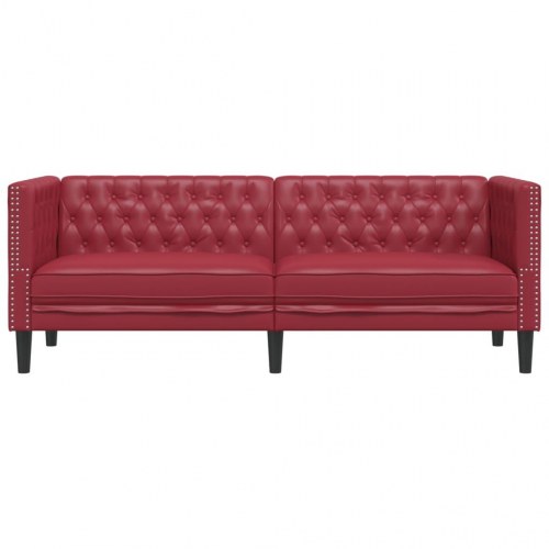 3-personers Chesterfield-sofa kunstlæder vinrød