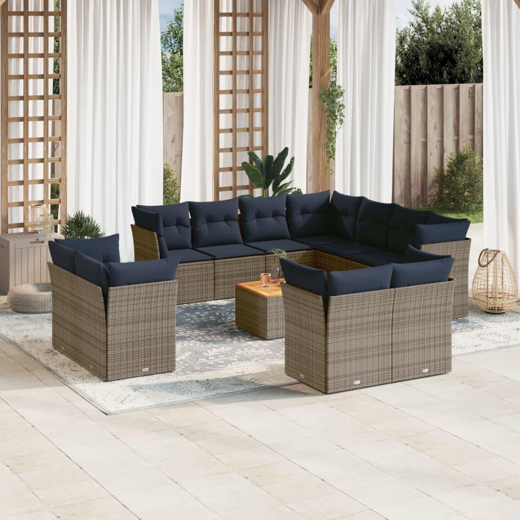 Havesofasæt i polyrattan - 12 dele med hynder, grå/marineblå