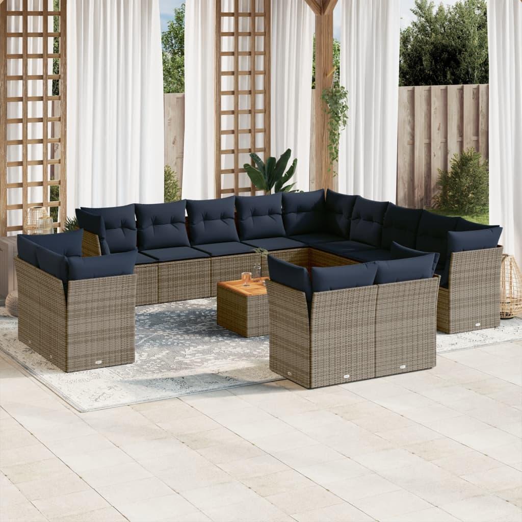 Sofasæt til haven 14 dele med hynder i polyrattan - grå/marineblå