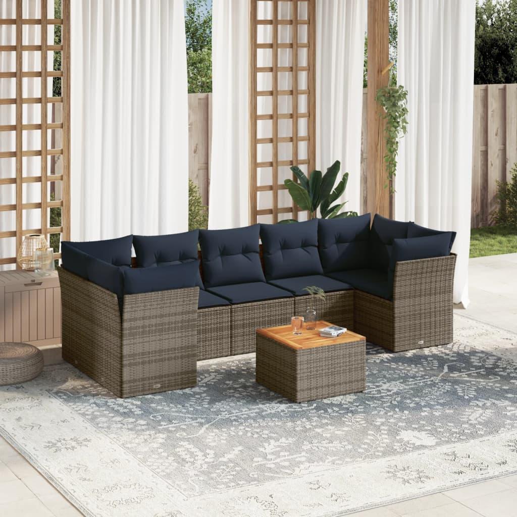 Sofasæt til haven i polyrattan - 8 dele, grå med marineblå hynder