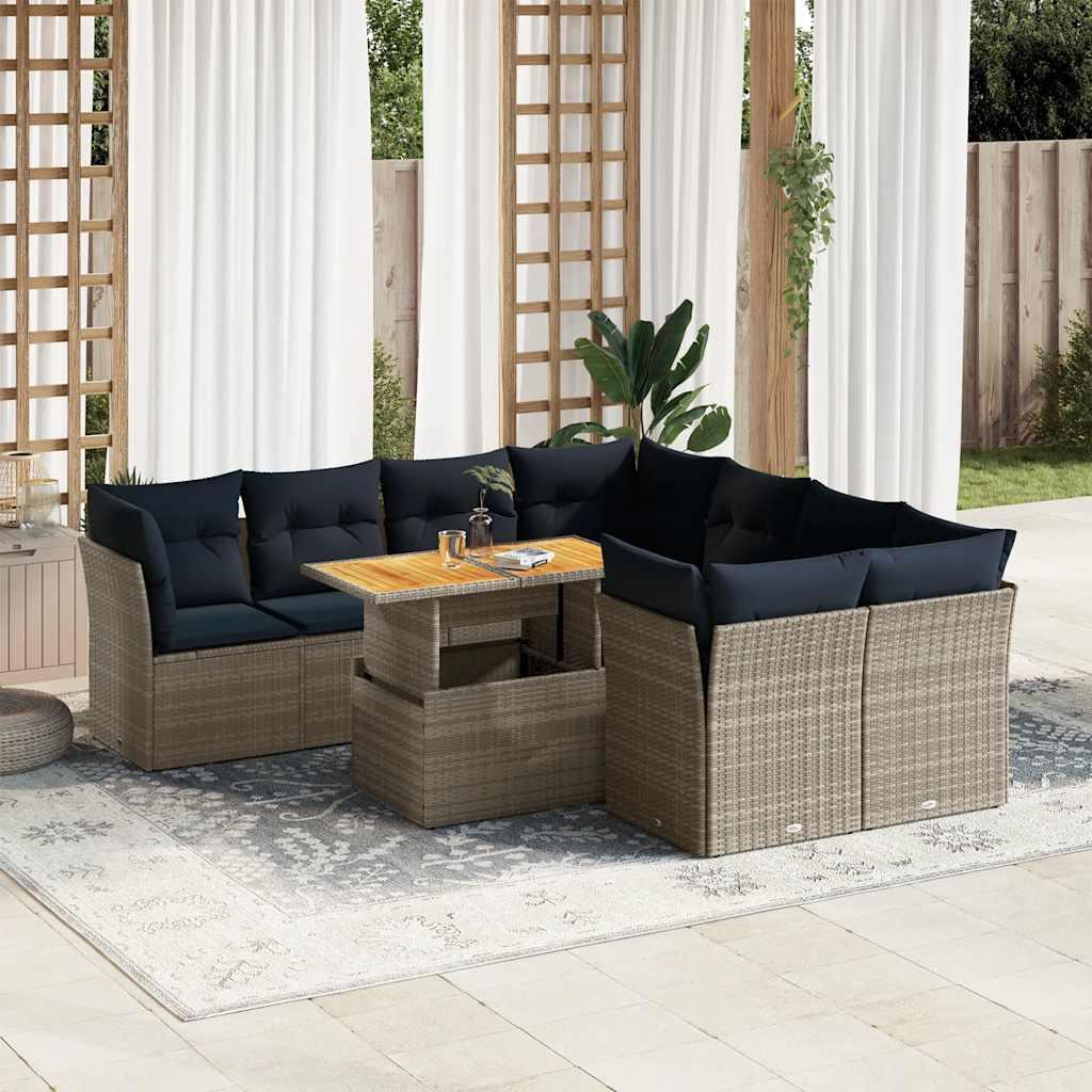 Havesofasæt i polyrattan - 9 dele med marineblå hynder, grå