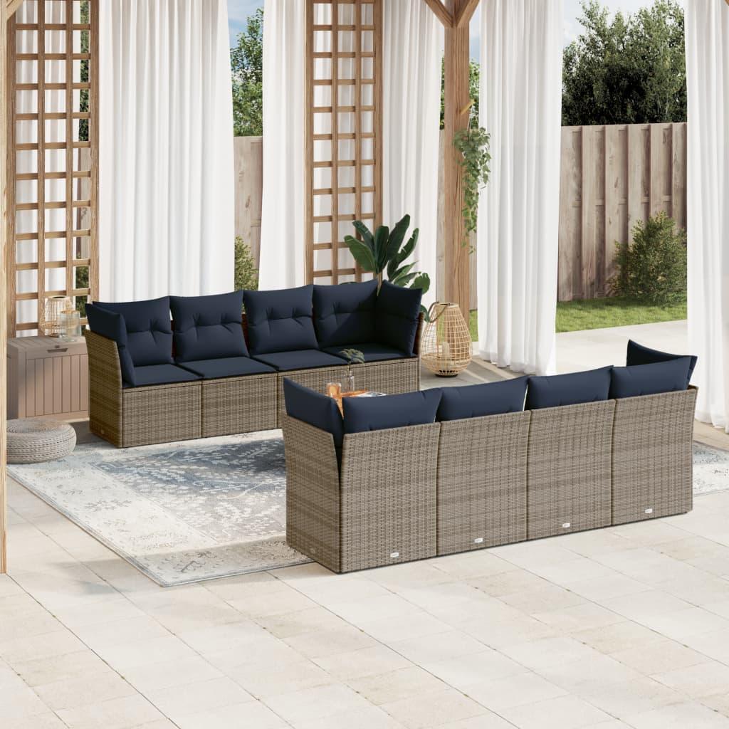 Sofasæt til haven i polyrattan - 9 dele med hynder, grå/marineblå
