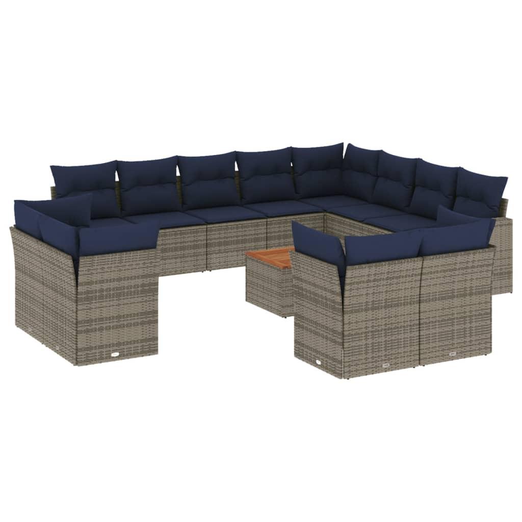 Havesofasæt i polyrattan - 13 dele med hynder, grå/marineblå