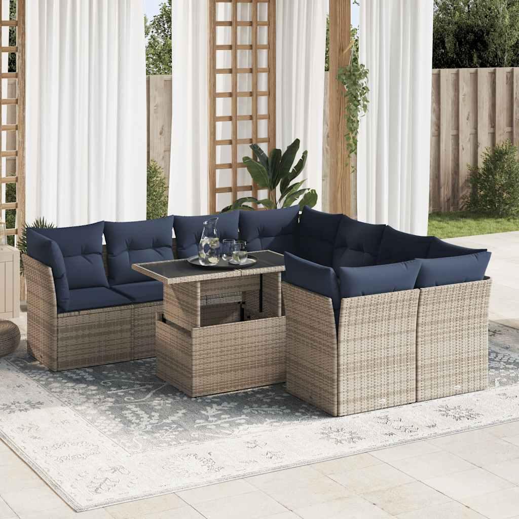 Sofasæt til haven 9 dele med hynder polyrattan akacietræ grå