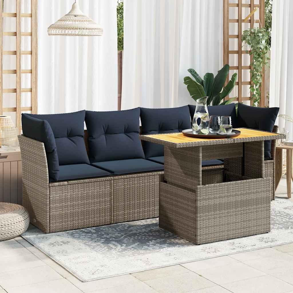 Sofasæt i polyrattan - 5 dele med hynder, grå/marineblå