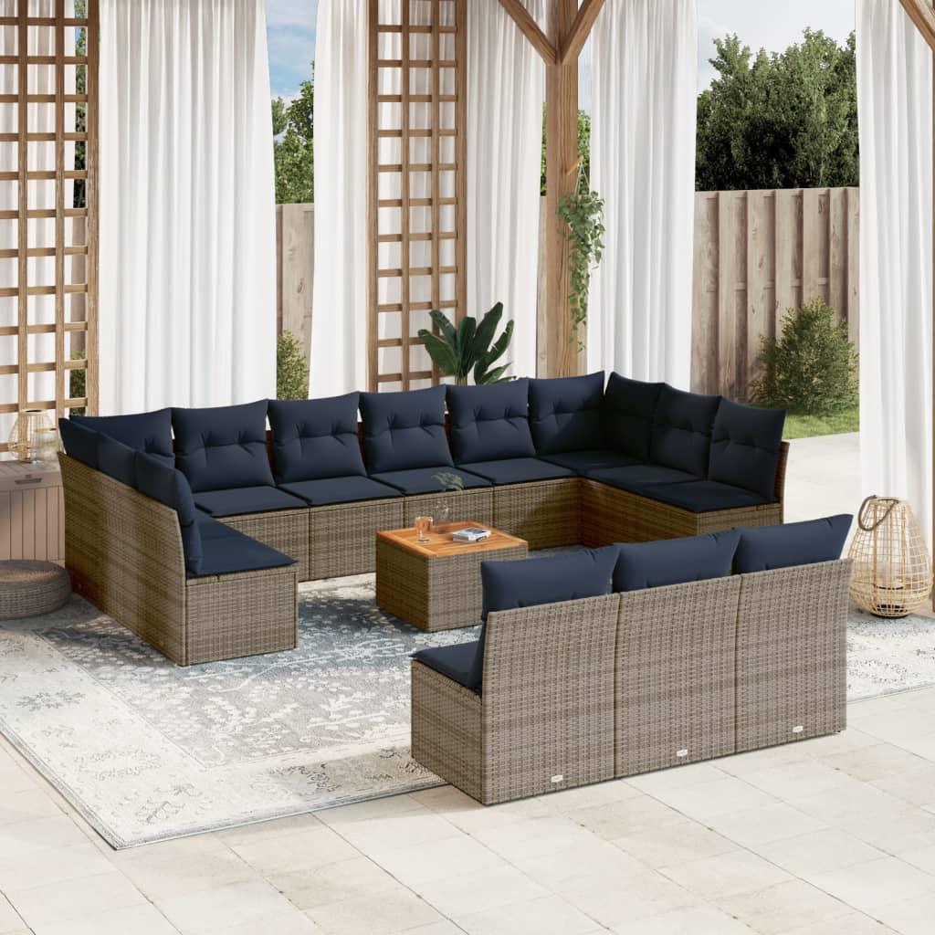 Havesofasæt i polyrattan - 14 dele med marineblå hynder, grå